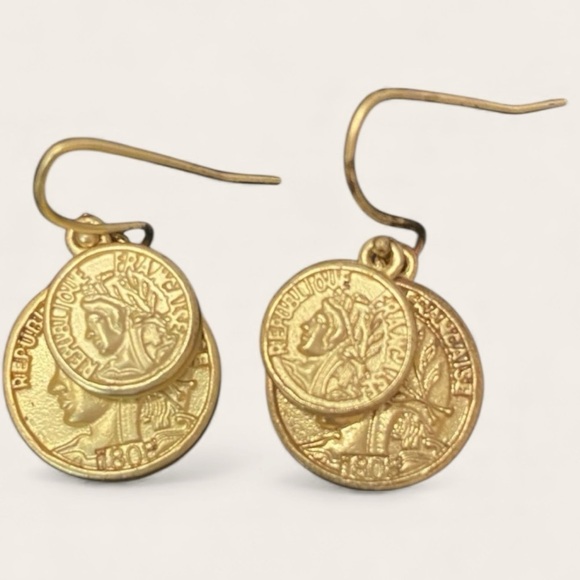 Republique Francaise Jewelry - REPUBLIQUE FRANCAISE Vintage French Republic Gold Plated Coin Dangle Earrings